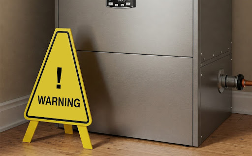 Yellow warning sign in front of broken furnace.
